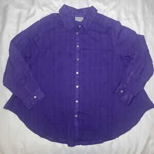 Catherines Button Up Shirt Size 1X Purple Long Sleeve Collared Embroidered Check